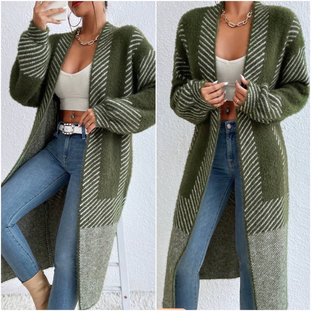 Cozy Color Block Stripes Fuzzy Open Front Cardigan - Picture 3 of 7